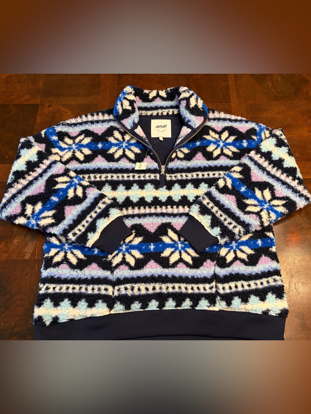 Vibrant Aerie Sherpa Fuzzy Snowflake Printed Quarter Zip Oversized Size S NWT